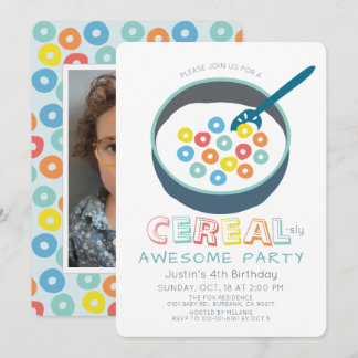 Cereal-sly Awesome Blue Cereal Boy Photo Birthday Invitation