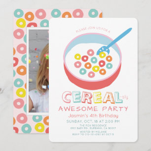 Cereal-sly Awesome Pink Cereal Girl Photo Birthday Invitation