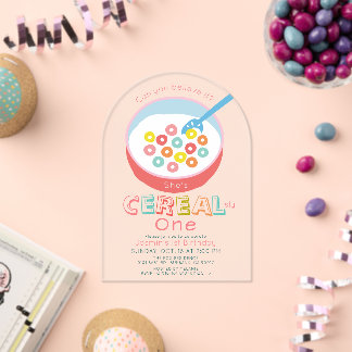 Cereal-sly One Pink Cereal Girl 1st Birthday Acrylic Invitations