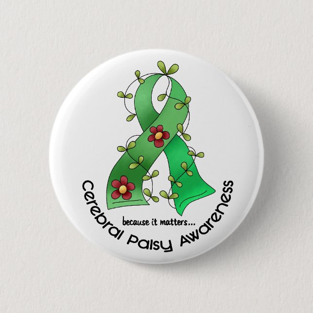 Cerebral Palsy FLOWER RIBBON 1 6 Cm Round Badge (Front)