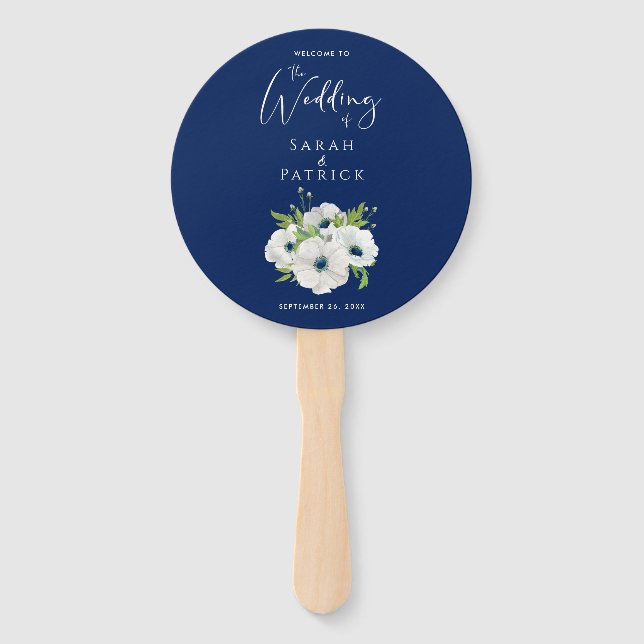 Ceremony Program Wedding | Navy Blue White Floral Hand Fan (Front)
