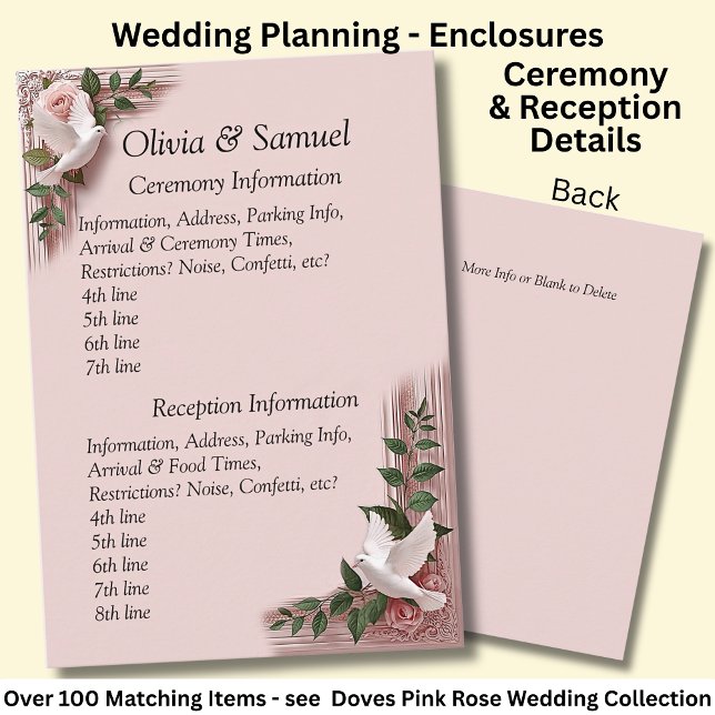 Ceremony & Reception Venues info - Pink Roses Dove Enclosure Card (Creator Uploaded)