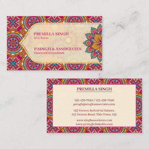Cerise mandala rangoli ethnic pattern vibrant business card