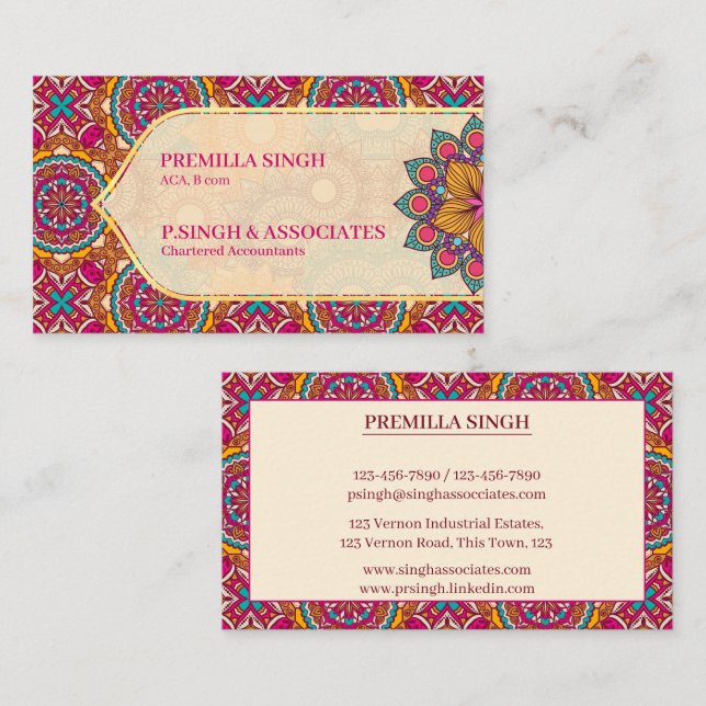 Cerise mandala rangoli ethnic pattern vibrant business card (Front/Back)