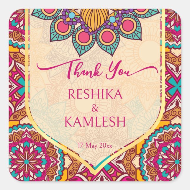 Cerise mandala rangoli wedding personalised name square sticker (Front)