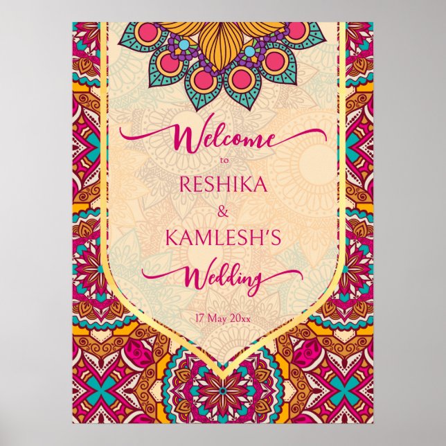 Cerise mandala rangoli wedding welcome sign (Front)