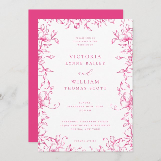 Cerise Pink Garden Floral Wedding Invitation (Front/Back)
