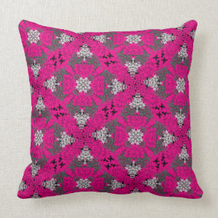 Cerise Pink Grey Mix Modern Floral Damask Print Cushion