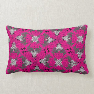 Cerise Pink Grey Mix Modern Floral Damask Print Lumbar Cushion
