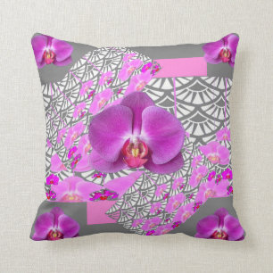 CERISE PINK ORCHID FLOWERS GREY DECO CUSHION
