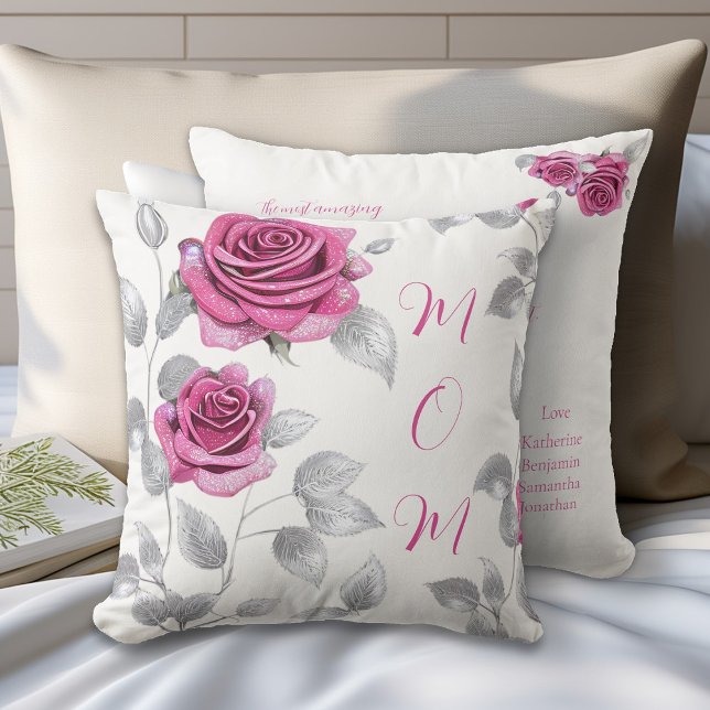 Cerise Pink Rose Silver Leaf Mum's Love  Cushion (Creator Uploaded)