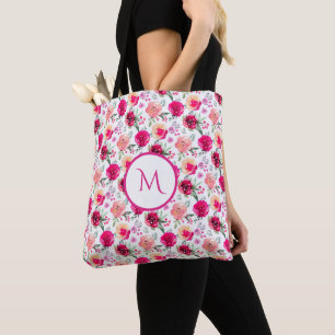 Cerise Pink Watercolor Floral Monogrammed Tote Bag