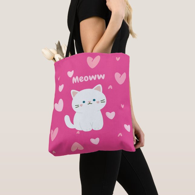 Cerise Tote With white Cat Design and Pink Hearts (Close Up)