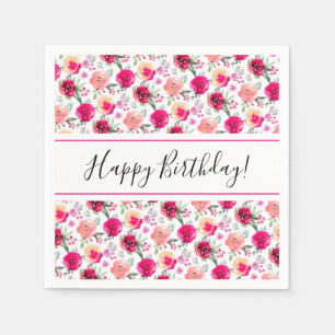 Cerise Watercolor Floral Birthday Napkin