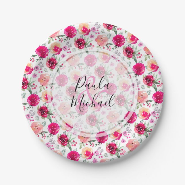 Cerise Watercolor Floral Personalised Paper Plates (Front)