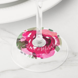 Cerise Watercolor Floral Wedding Wine Glass Tag