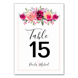 Cerise Watercolor Flowers   Pink Table Number