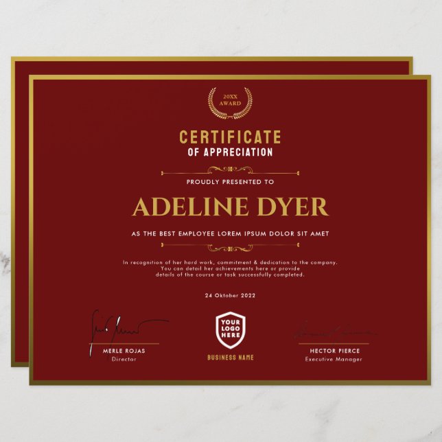 Certificate | Modern Business Logo Award Template (Front/Back)