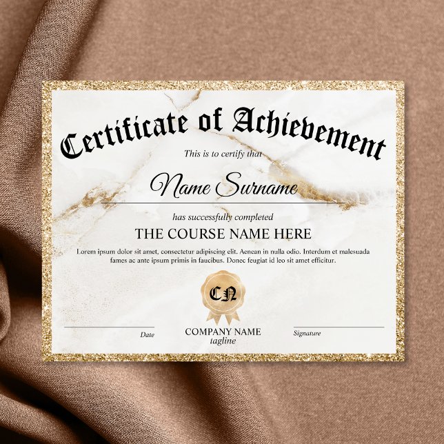Certificate of Achievement Award Course  (white marble with gold glitter border certificate of achievement)