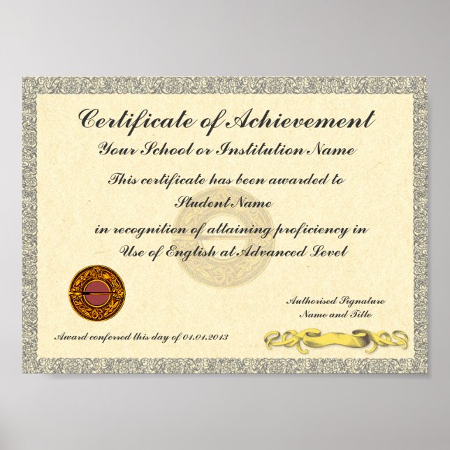 Certificate of Achievement School College Award Poster (Front)
