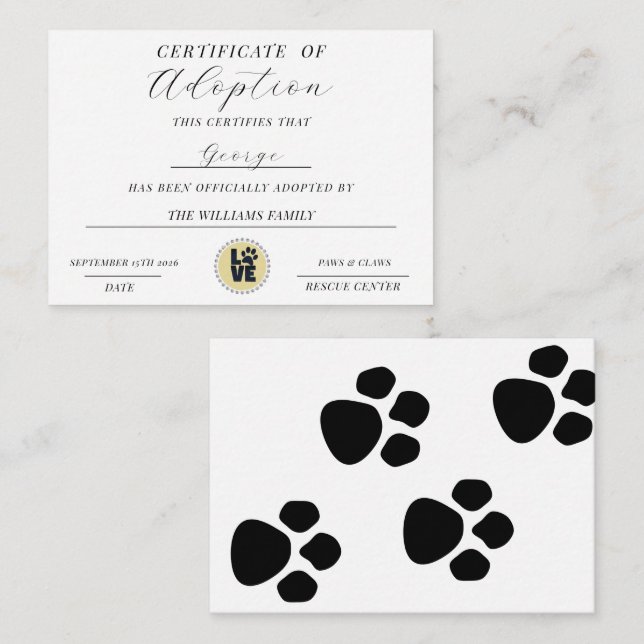 Certificate Of Adoption Card (Front/Back)