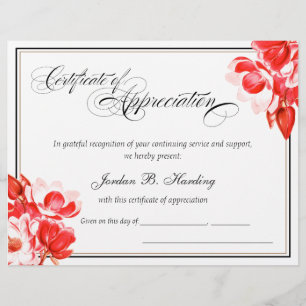 Certificate of Appreciation Award red Floral
