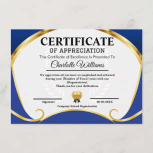 Certificate of Appreciation Blue Gold Elegant