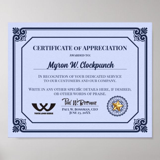 Certificate of appreciation employee volunteer pos poster (Front)