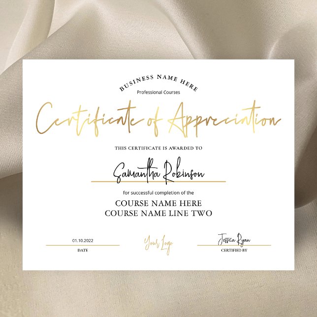 Certificate of Appreciation Faux Gold Awards (Elegant white and faux gold Certificate of Appreciation design, perfect to create custom awards)
