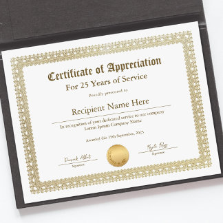 Certificate of Appreciation for Years of Service