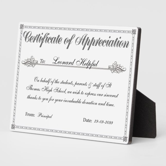 Certificate of Appreciation Personalised Award Plaque (Side)