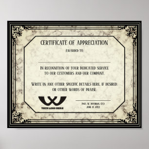 Certificate of appreciation staff employee award poster