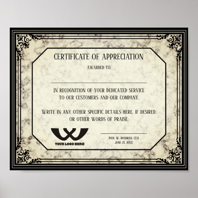 Certificate of appreciation staff employee award poster (Front)