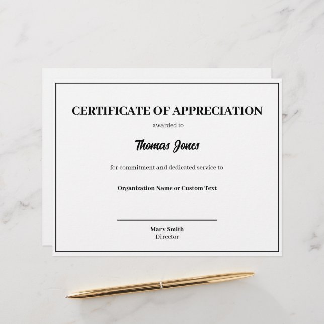 Certificate of Appreciation Text Template Award (Front/Back In Situ)