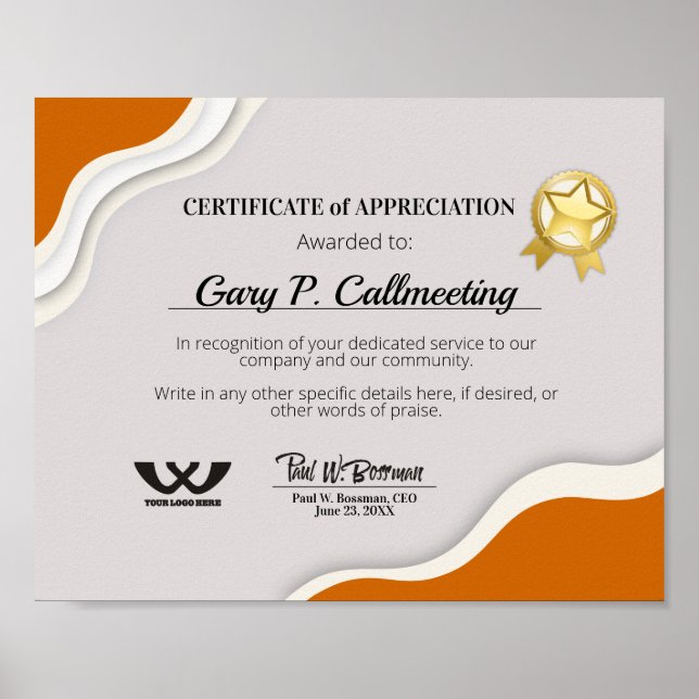 Certificate of appreciation volunteer employee poster (Front)