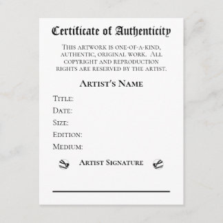 Certificate of Authenticity Artists  Art Retailers Invitation