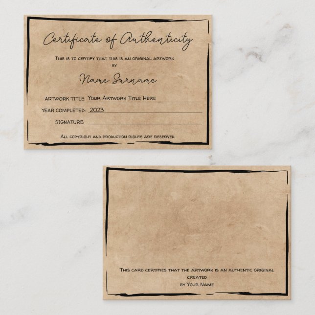 Certificate of Authenticity Artwork by Add Logo (Front/Back)