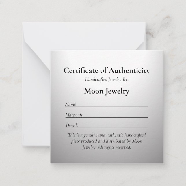 Certificate of Authenticity for Jewellery Silver Card (Front)