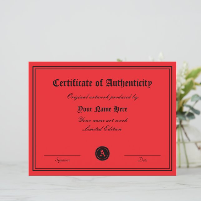 Certificate of authenticity template for artwork (Standing Front)