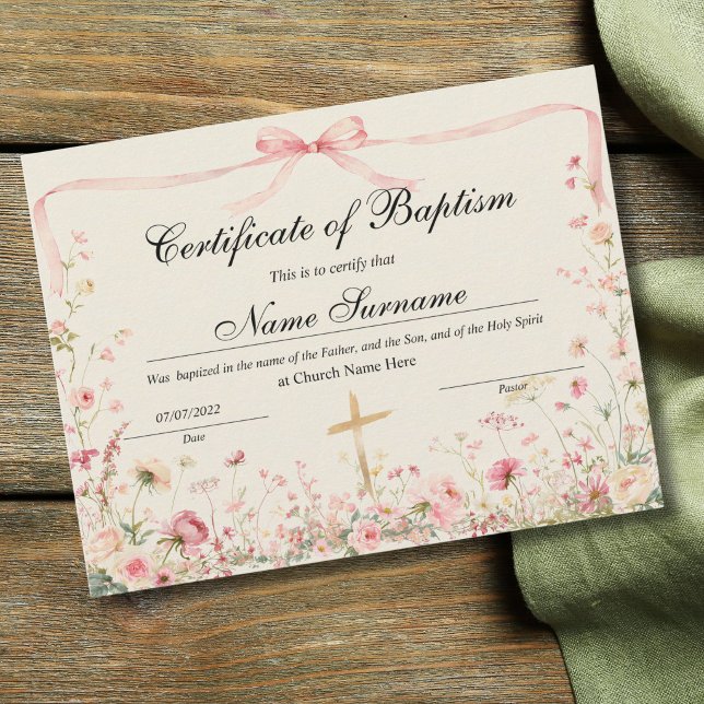 Certificate of Baptism, Baby Dedication (Certificate of Baptism, Baby Dedication for girls with a pink watercolor bow and meadow flowers)