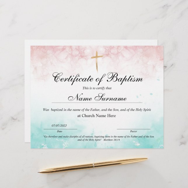 Certificate of Baptism, Baby Dedication (Front/Back In Situ)