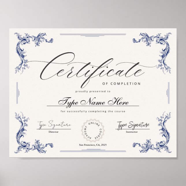 Certificate of completion, appreciation diploma poster (Front)