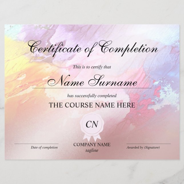 Certificate of Completion Award Course Abstract (Front)