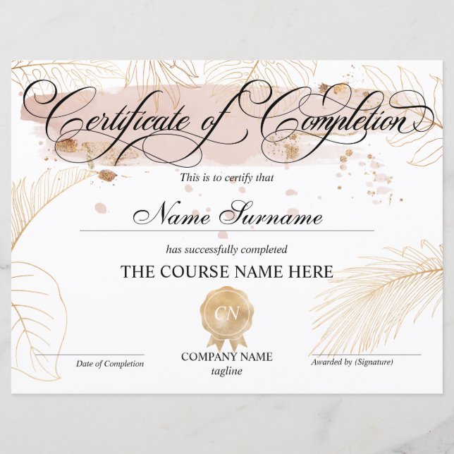 Certificate of Completion Award Course Completion (Front)