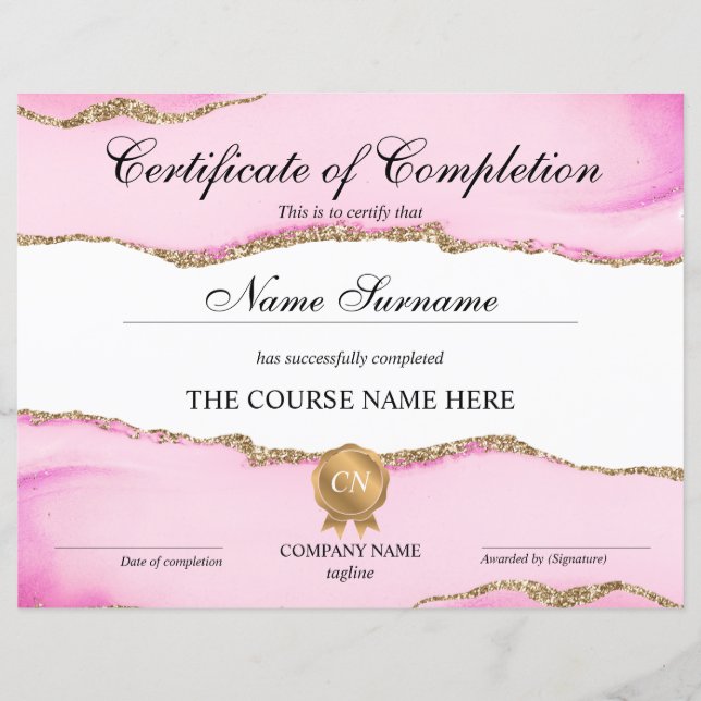 Certificate of Completion Award Course Completion (Front)