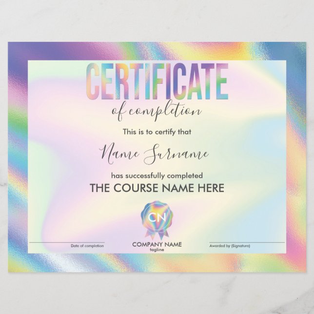 Certificate of Completion Award Course Completion (Front)