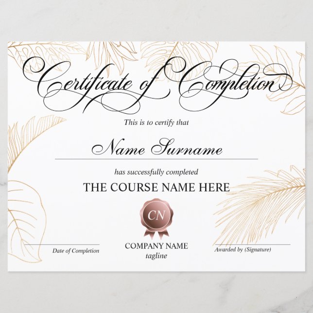Certificate of Completion Award Course Completion (Front)