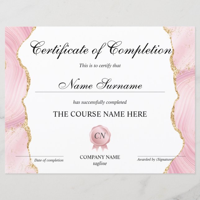 Certificate of Completion Award Course Completion (Front)