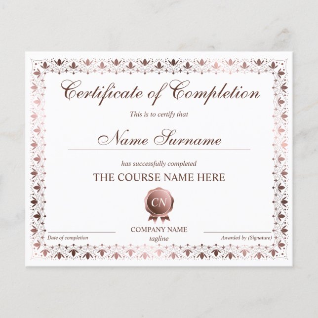 Certificate of Completion Award Course Completion (Front)