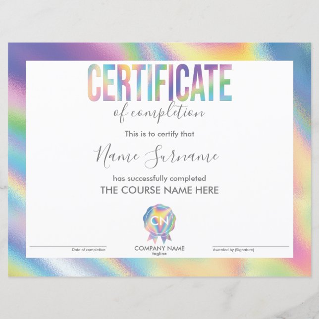 Certificate of Completion Award Course Completion (Front)